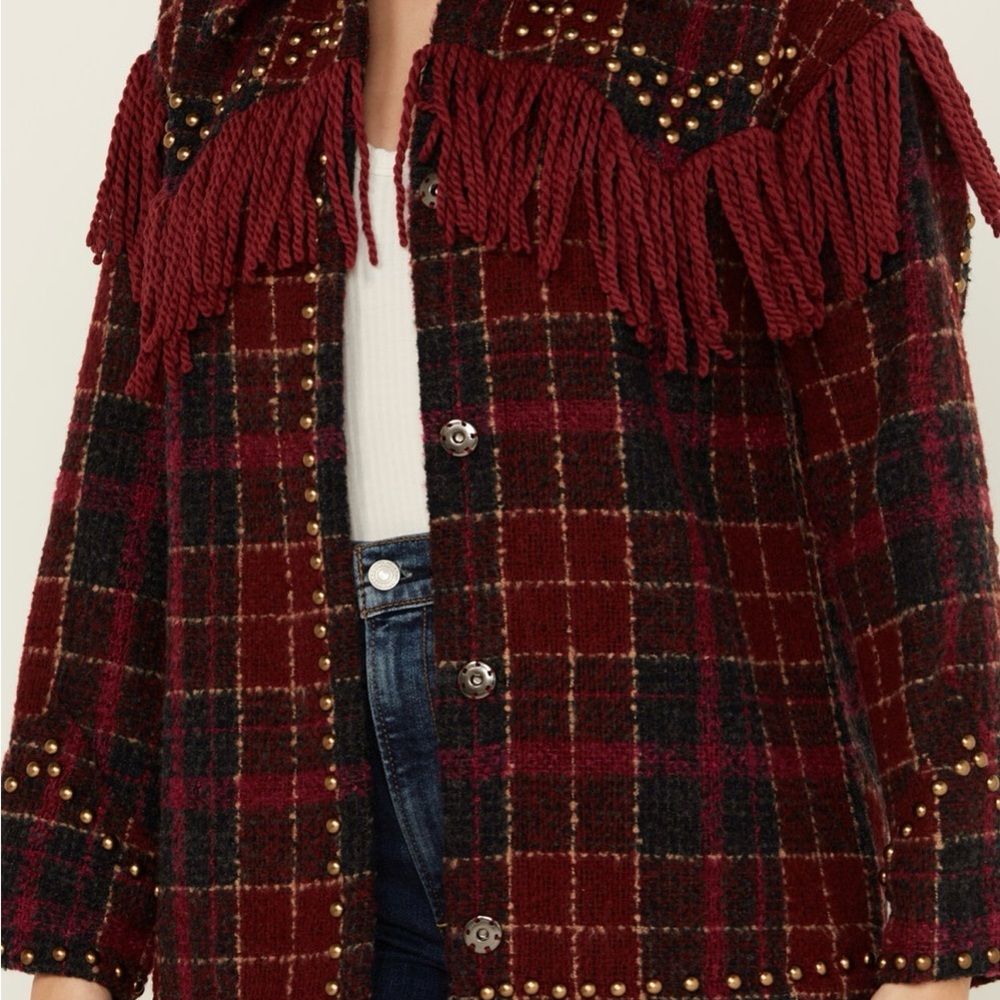 Plaid Fringe Jacket with Studded Details